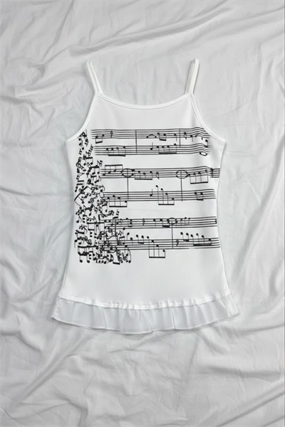 Beyaz Nota Desenli Y2K Askılı Crop