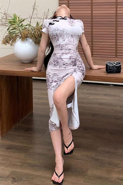 Beyaz Qipao Vintage Floral Baskılı Y2K Elbise