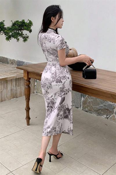 Beyaz Qipao Vintage Floral Baskılı Y2K Elbise