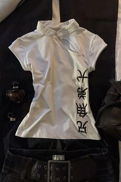 Beyaz Qipao Vintage Pencere Detaylı Y2K Kısa Kollu Crop