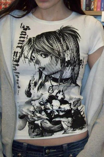 Beyaz Vintage Anime Misa Amane Saint Gotik Y2K Kısa Kollu Crop