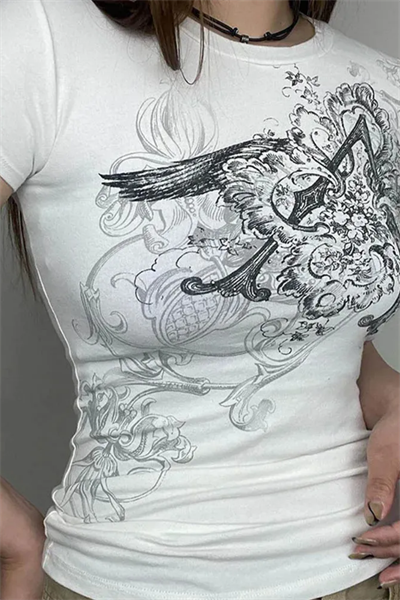 Beyaz Vintage Punk Patterned Kısa Kollu Crop