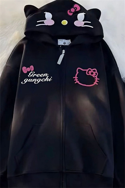 Black Gungchi Ear Detail Zip Hoodie