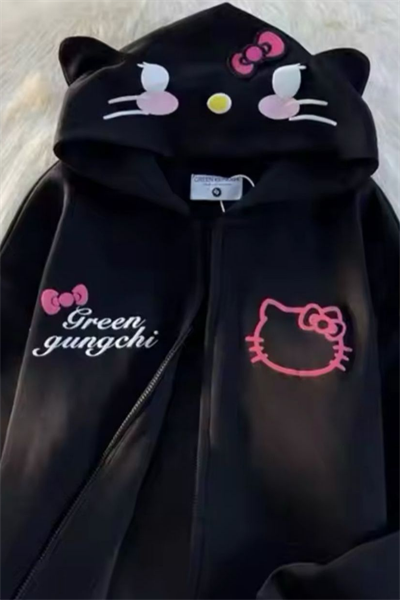 Black Gungchi Ear Detail Zip Hoodie