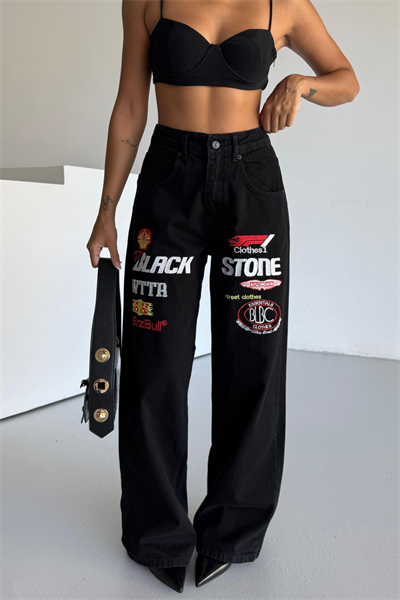 Black Stone Nakış Detaylı Baggy Siyah Oversize Jean