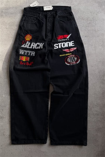 Black Stone Nakış Detaylı Baggy Siyah Oversize Jean