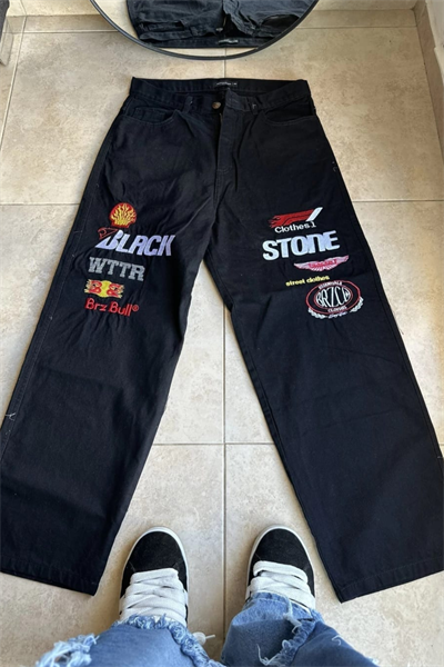 Black Stone Nakış Detaylı Baggy Siyah Oversize Jean