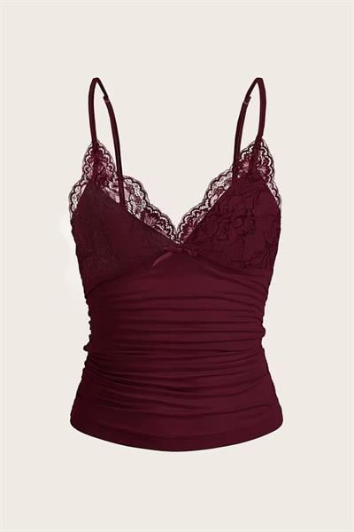 Bordo Dantel Detaylı Fiyonklu Y2K Askılı Crop