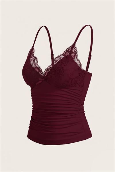 Bordo Dantel Detaylı Fiyonklu Y2K Askılı Crop