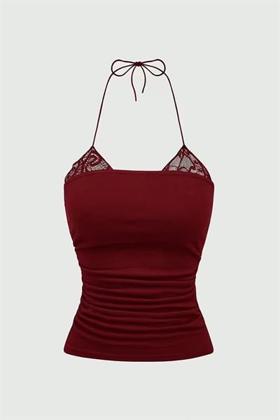 Bordo Dantel Ekli Bağlamalı Y2K Askılı Crop