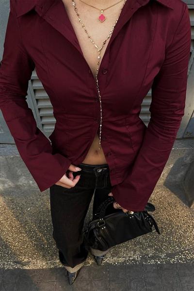 Bordo Dar Kesim İspanyol Kol Poplin Y2K Gömlek