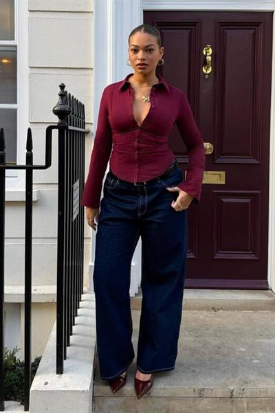 Bordo Dar Kesim İspanyol Kol Poplin Y2K Gömlek