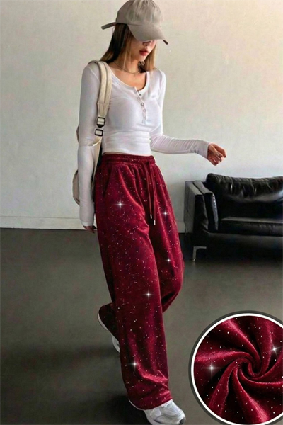 Bordo Glow Simli Eşofman Altı