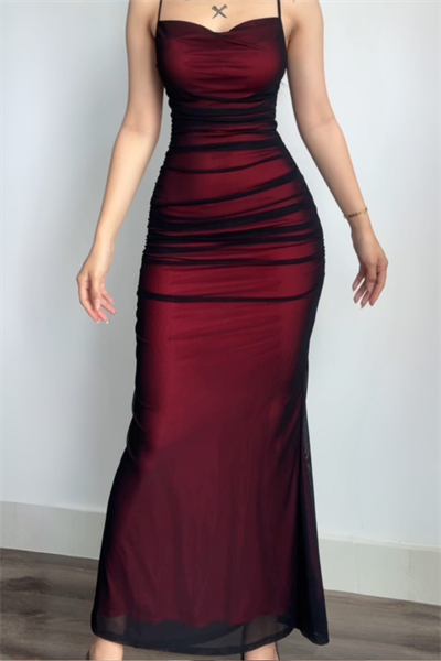 Bordo Gotik Askılı Vampirecore Tül Uzun Elbise