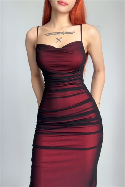 Bordo Gotik Askılı Vampirecore Tül Uzun Elbise