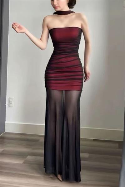 Bordo Gotik Transparan Tül Uzun Elbise