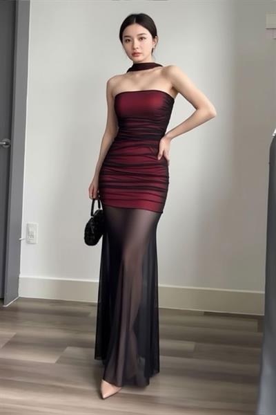 Bordo Gotik Transparan Tül Uzun Elbise