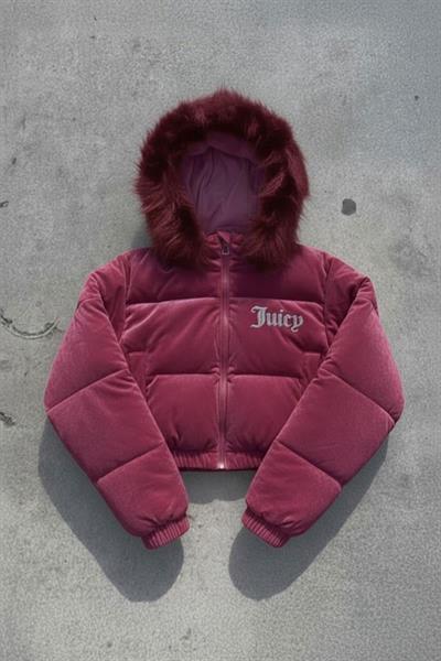 Bordo Juicy Peluş Kapüşonlu Şişme Crop Mont
