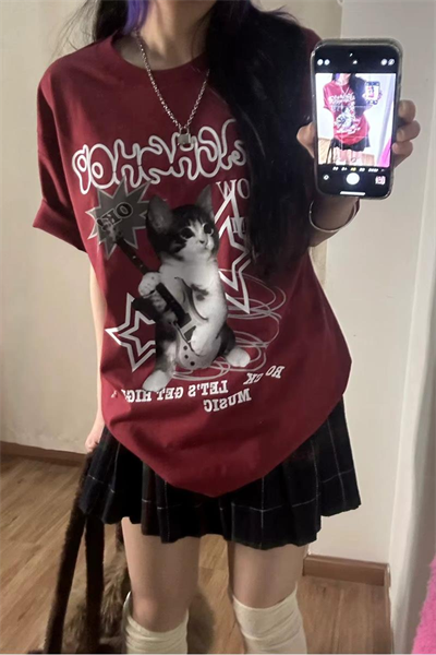 Bordo Playing Guitar Cat Unisex Tişört