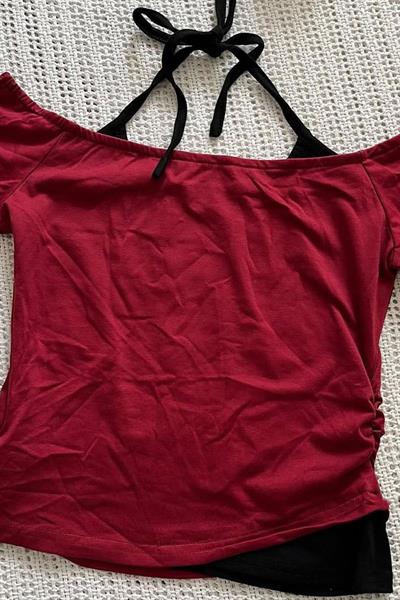 Bordo Skeleton Madonna Yaka Ek Askılı Gotik Y2K Kısa Kollu Full Body Crop