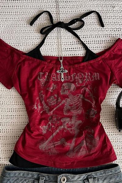 Bordo Skeleton Madonna Yaka Ek Askılı Gotik Y2K Kısa Kollu Full Body Crop