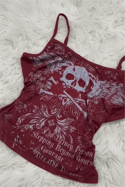 Bordo Skull Ambition Gotik Rose Y2K Askılı Crop