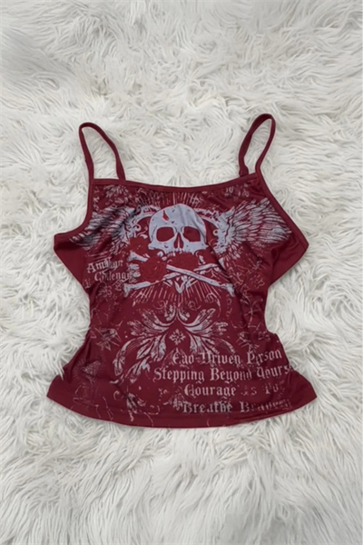 Bordo Skull Ambition Gotik Rose Y2K Askılı Crop