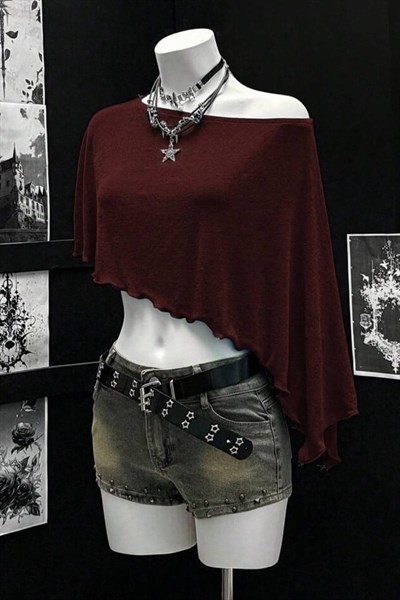 Bordo Yarasa Kol Asimetrik Büzgülü Y2K Kısa Kollu Crop