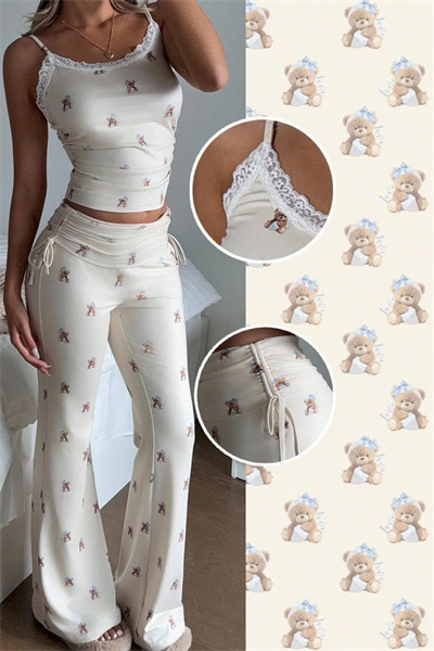 Cute Tedy Bear Büzgülü Pijama Takımı