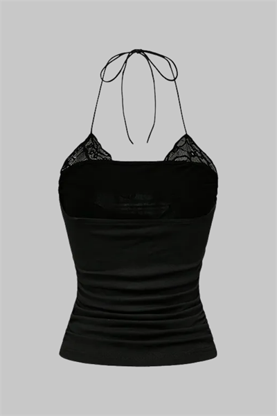 Dantelli Siyah Embrace The Chaos Gotik Y2K Boyundan Bağlamalı Crop