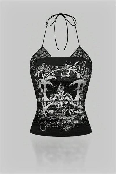 Dantelli Siyah Embrace The Chaos Gotik Y2K Boyundan Bağlamalı Crop