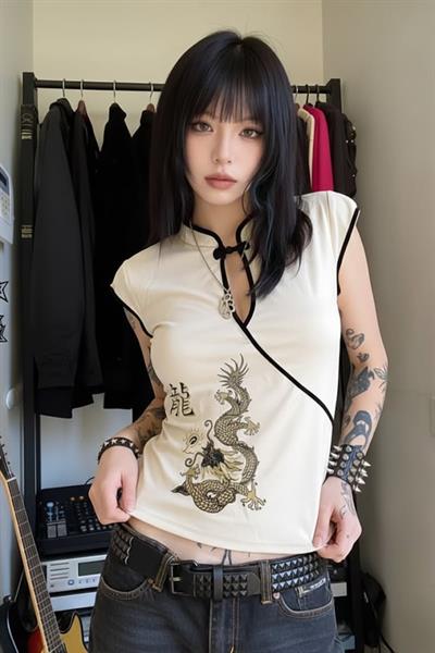 Ekru Mandarin Yaka Ejderha Motifli Vintage Qipao Y2K Kısa Kollu Crop