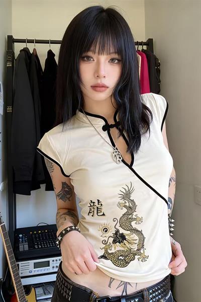 Ekru Mandarin Yaka Ejderha Motifli Vintage Qipao Y2K Kısa Kollu Crop