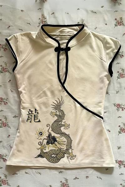 Ekru Mandarin Yaka Ejderha Motifli Vintage Qipao Y2K Kısa Kollu Crop