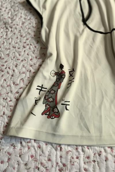 Ekru Mandarin Yaka Vintage Geisha Baskılı Y2K Kısa Kollu Crop