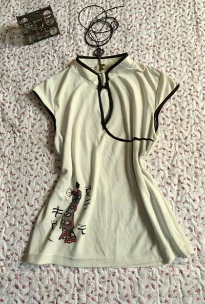 Ekru Mandarin Yaka Vintage Geisha Baskılı Y2K Kısa Kollu Crop