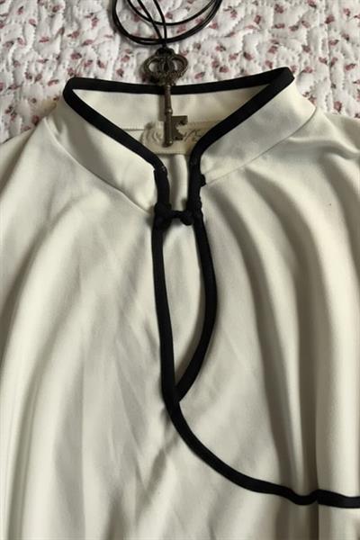 Ekru Mandarin Yaka Vintage Geisha Baskılı Y2K Kısa Kollu Crop