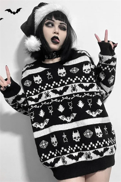 Etnik Siyah Gothic Desenli Oversize Kazak