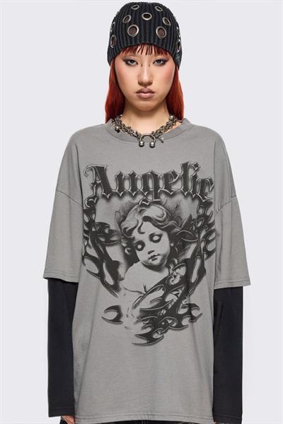 Füme Gotik Angelic Harajuku Siyah Kollu Y2K İnce Sweatshirt