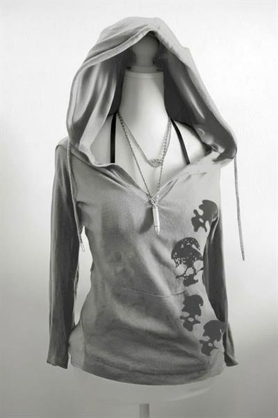Füme Grunge Skull Gotik Kapüşonlu Uzun Kollu Crop