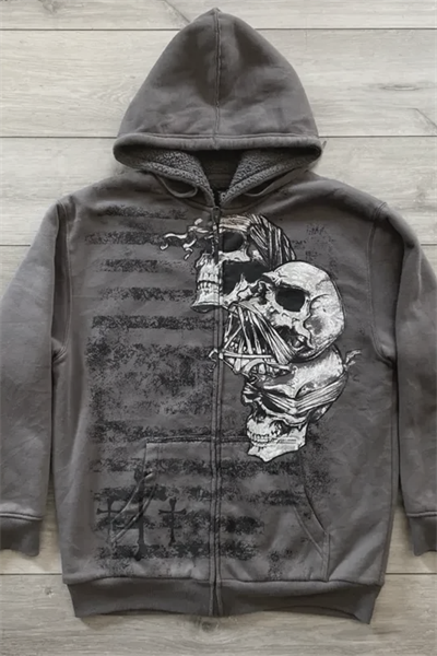 Füme Triple Pain Skull Cyber Grunge Kapüşonlu Sweatshirt