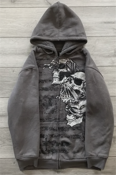Füme Triple Pain Skull Cyber Grunge Kapüşonlu Sweatshirt