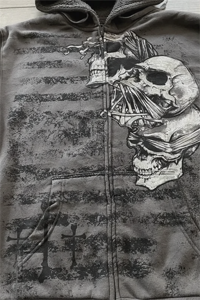 Füme Triple Pain Skull Cyber Grunge Kapüşonlu Sweatshirt