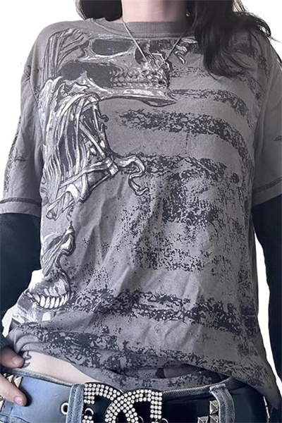 Füme Vintage Siyah Kollu Skull Transition Cyber Grunge İnce Sweatshirt