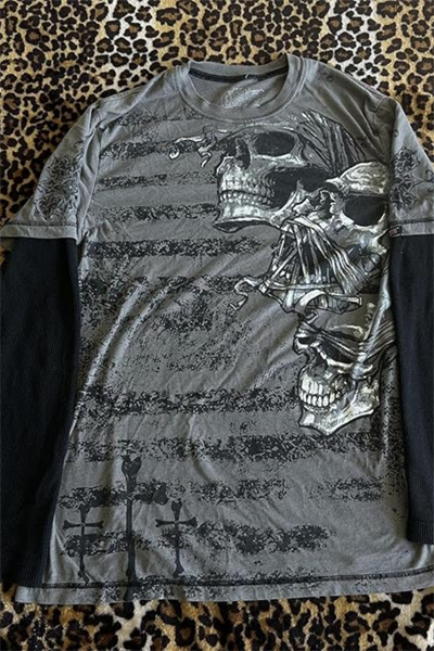 Füme Vintage Siyah Kollu Skull Transition Cyber Grunge İnce Sweatshirt