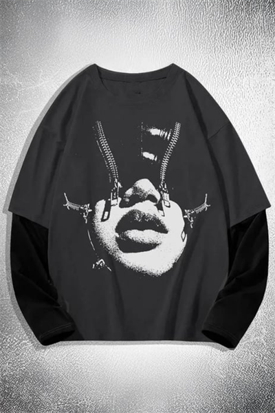 Füme Zipper Face Siyah Kollu İnce Gotik Unisex T-shirt