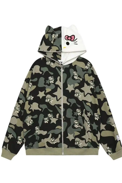 Green Sanrio Kawaii Cat Hello Kitty Detail Hırka