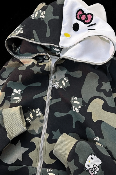 Green Sanrio Kawaii Cat Hello Kitty Detail Hırka