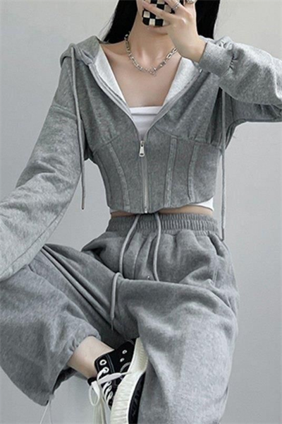 Grey Corset Crop Hoodie