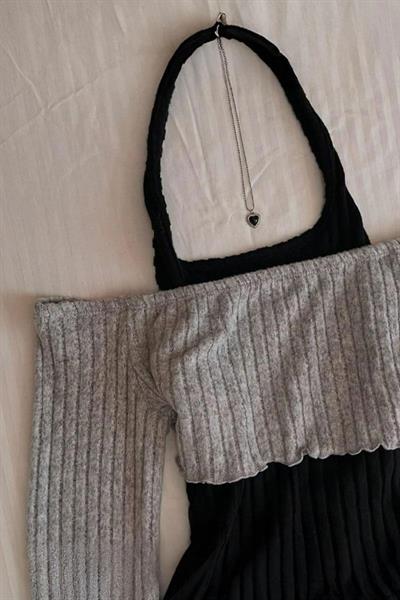 Gri Boyundan Bağlamalı Omuz Açık Y2K Uzun Kollu Crop
